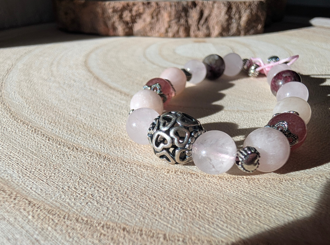 Bracelet réglable pierres naturelles & cœur en argent - Cœur de pétale