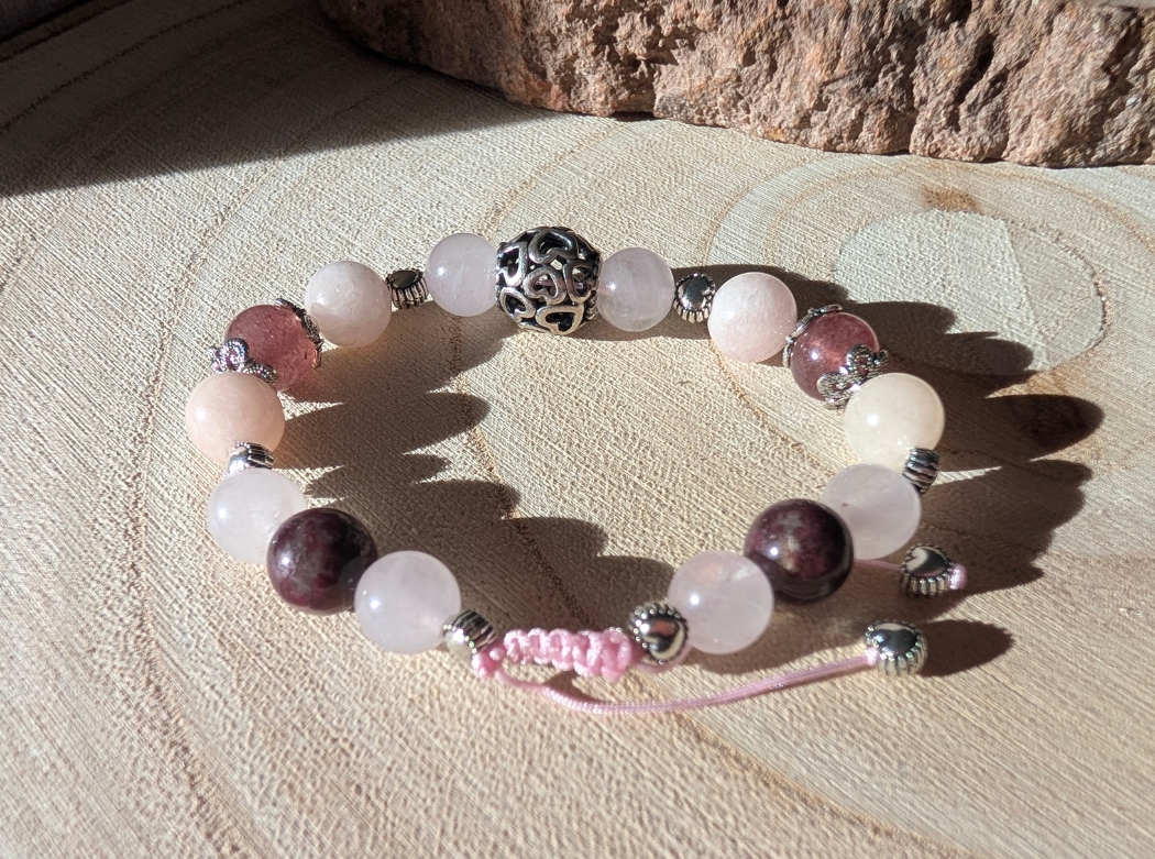 Bracelet réglable pierres naturelles & cœur en argent - Cœur de pétale