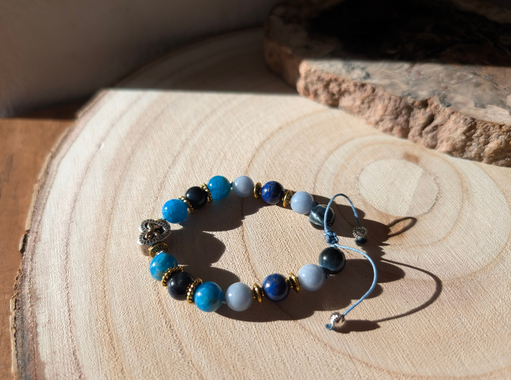 Bracelet réglable pierres naturelles & cœur en argent - Cœur d'azur
