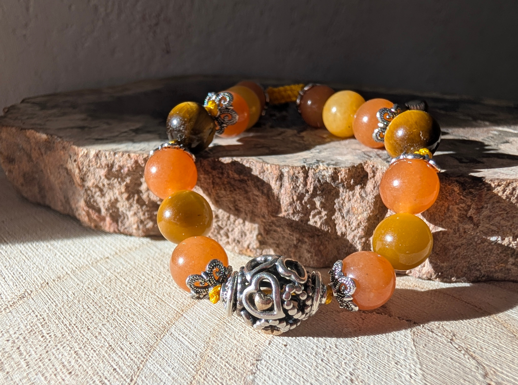 Bracelet réglable pierres naturelles & cœur en argent - Cœur solaire