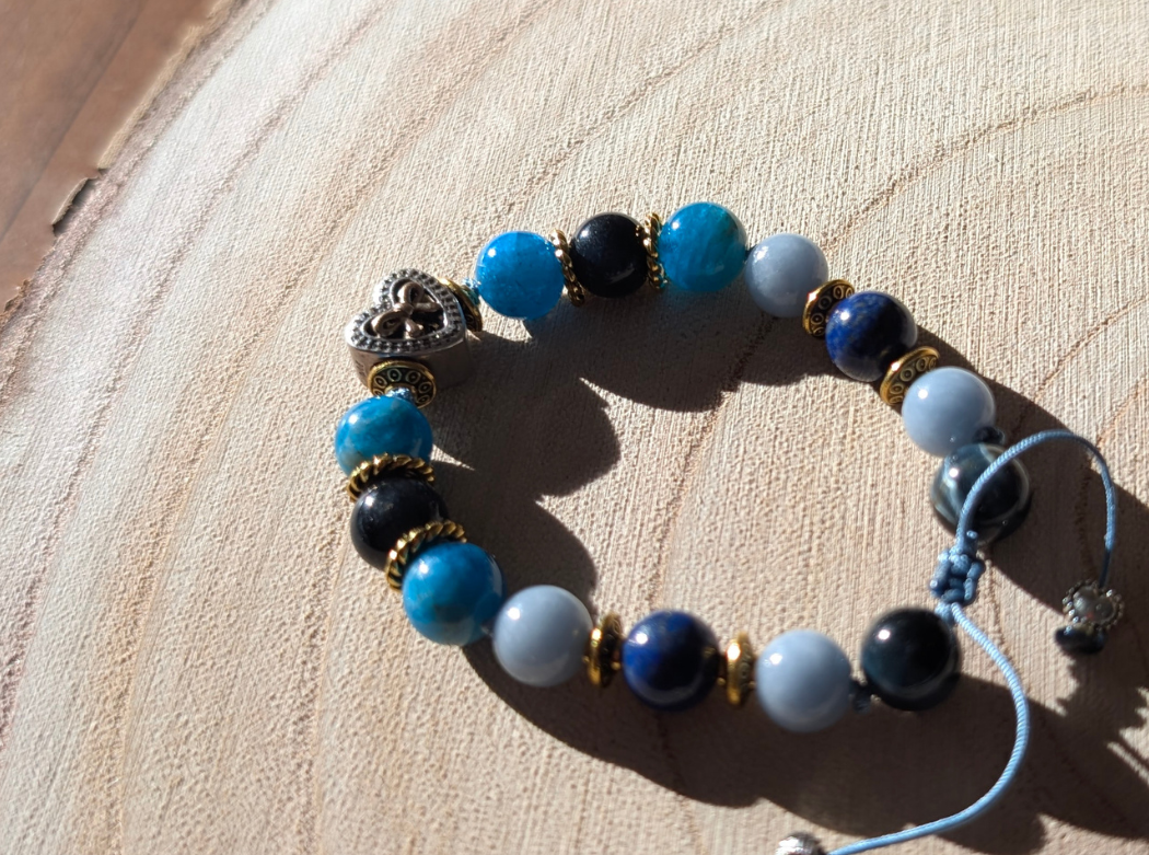Bracelet réglable pierres naturelles & cœur en argent - Cœur d'azur