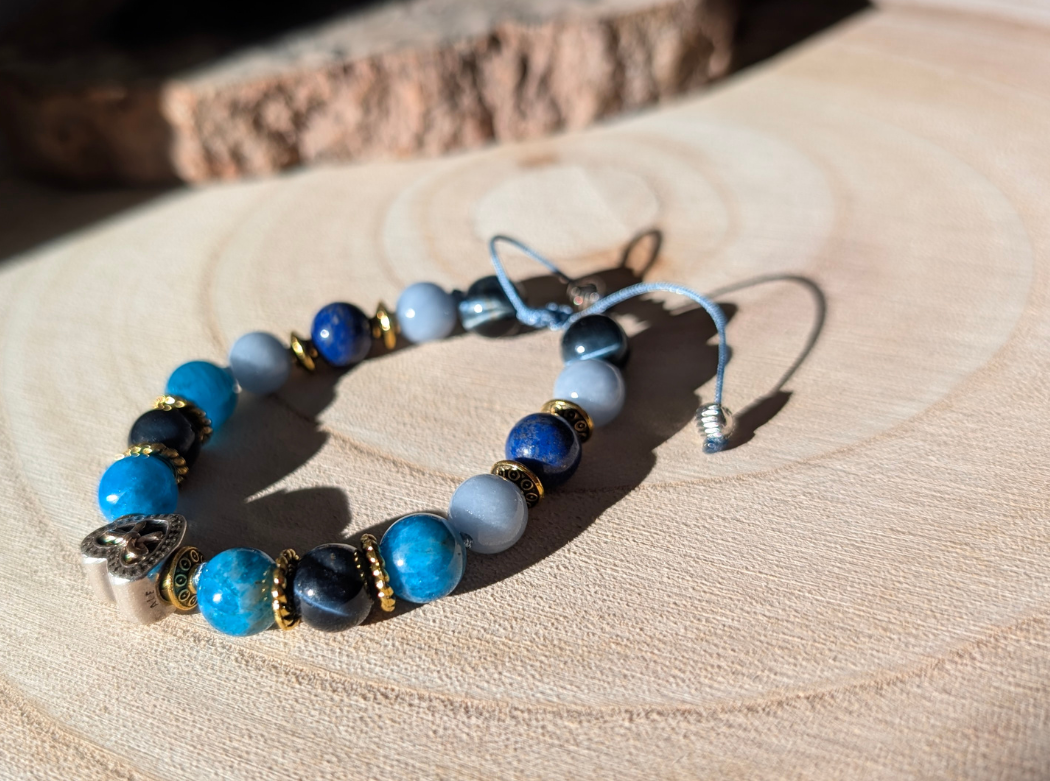 Bracelet réglable pierres naturelles & cœur en argent - Cœur d'azur
