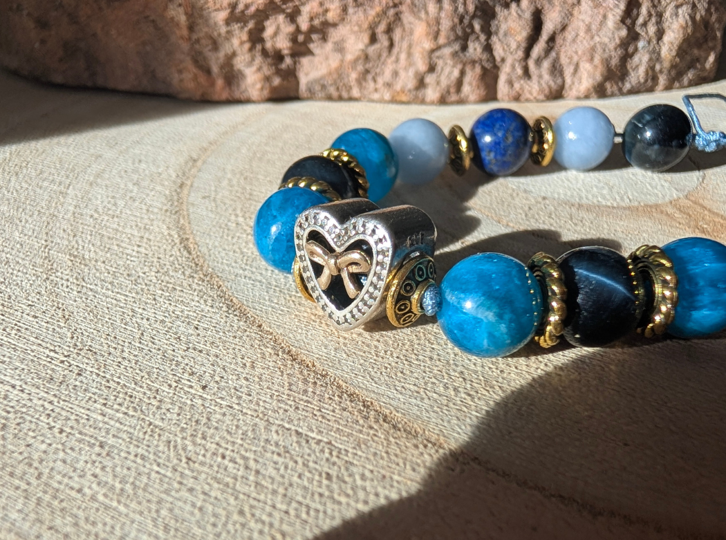 Bracelet réglable pierres naturelles & cœur en argent - Cœur d'azur