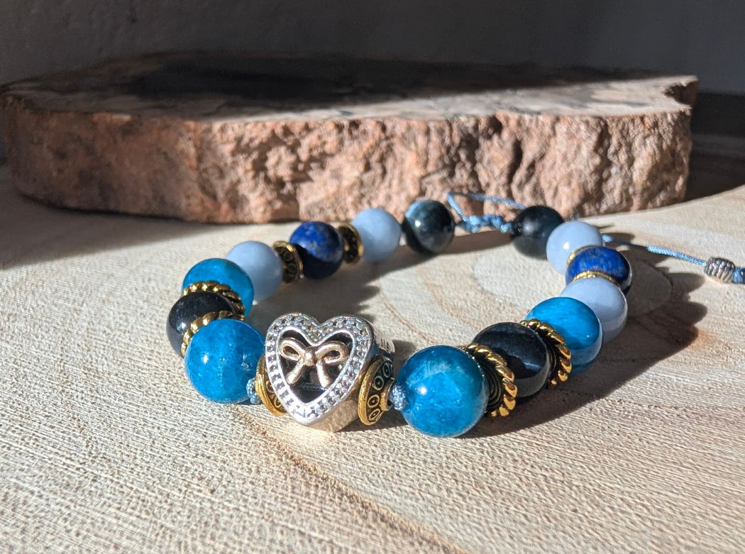 Bracelet réglable pierres naturelles & cœur en argent - Cœur d'azur