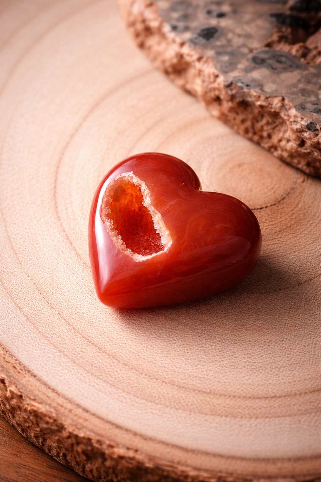 Coeur en cornaline avec formations amas/géodes visibles