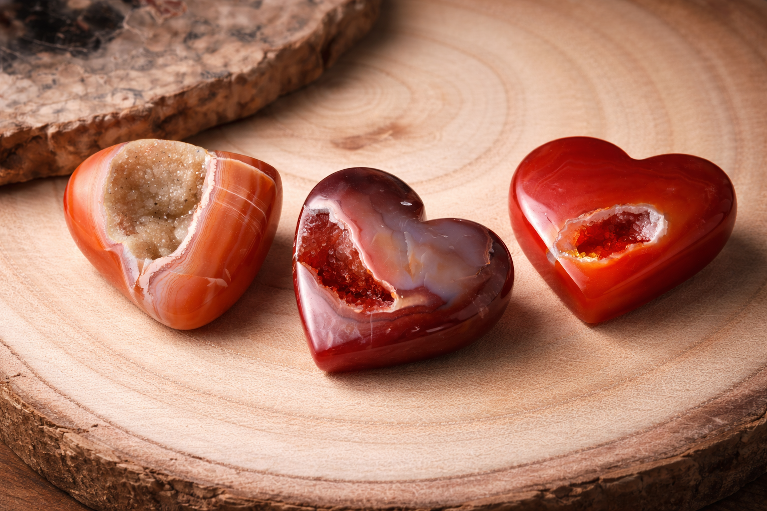 Coeur en cornaline avec formations amas/géodes visibles