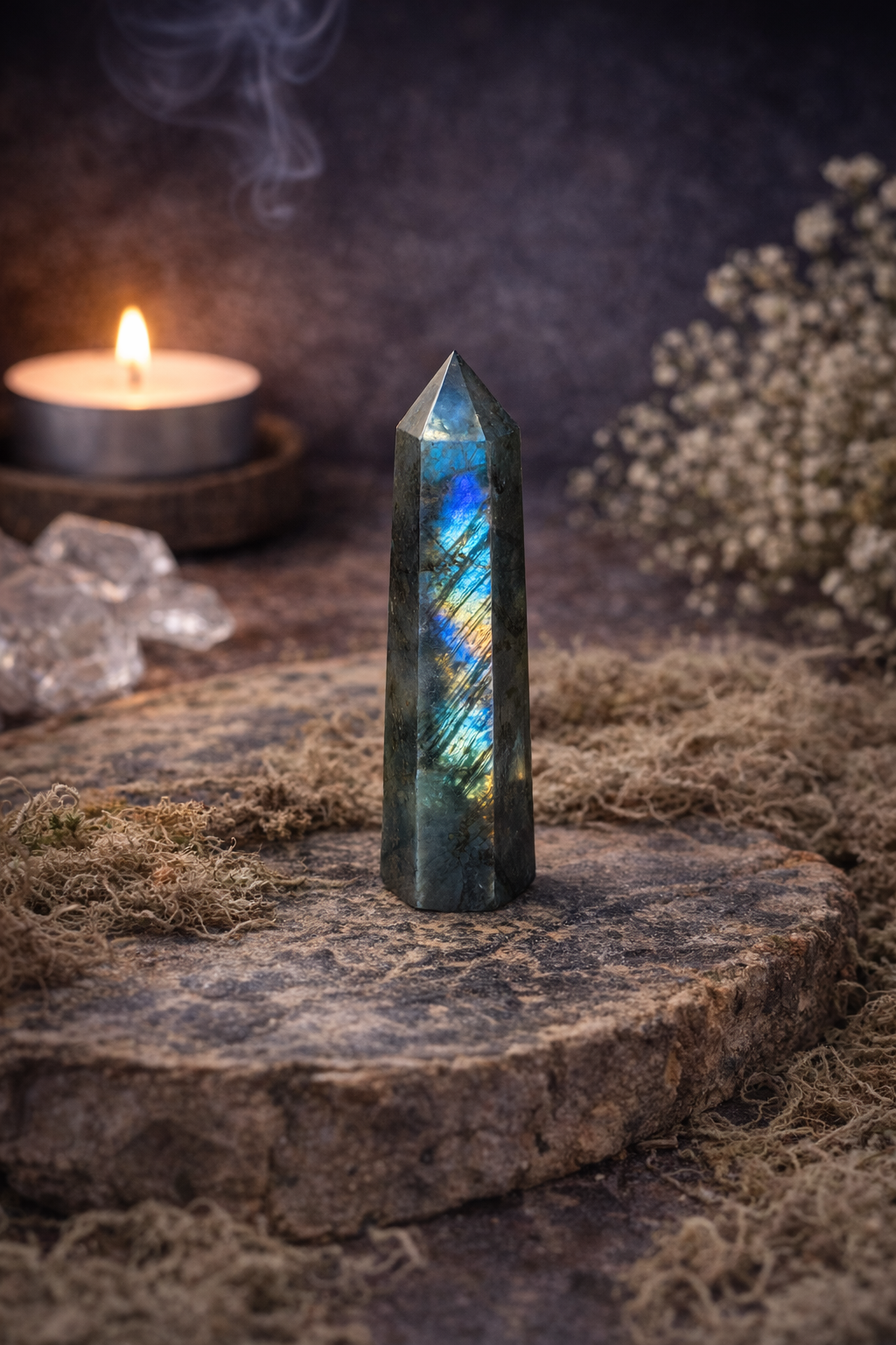 Pointe polie facettée en Labradorite – 6 faces