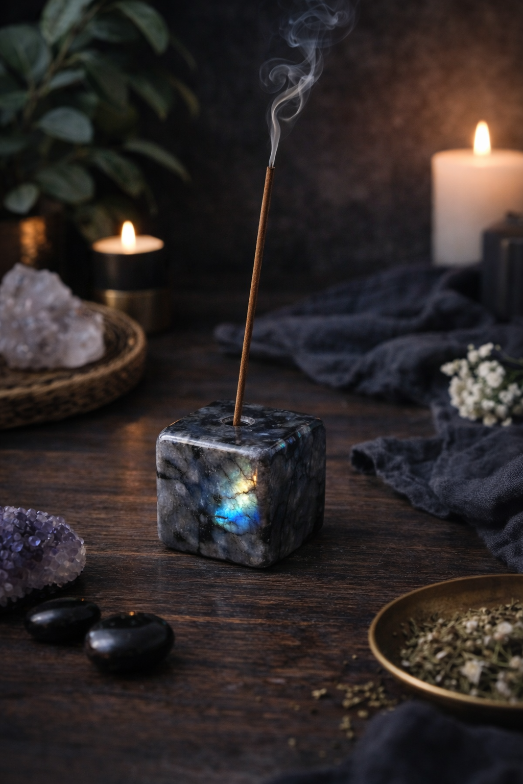 Porte encens forme cube - plusieurs minéraux disponibles